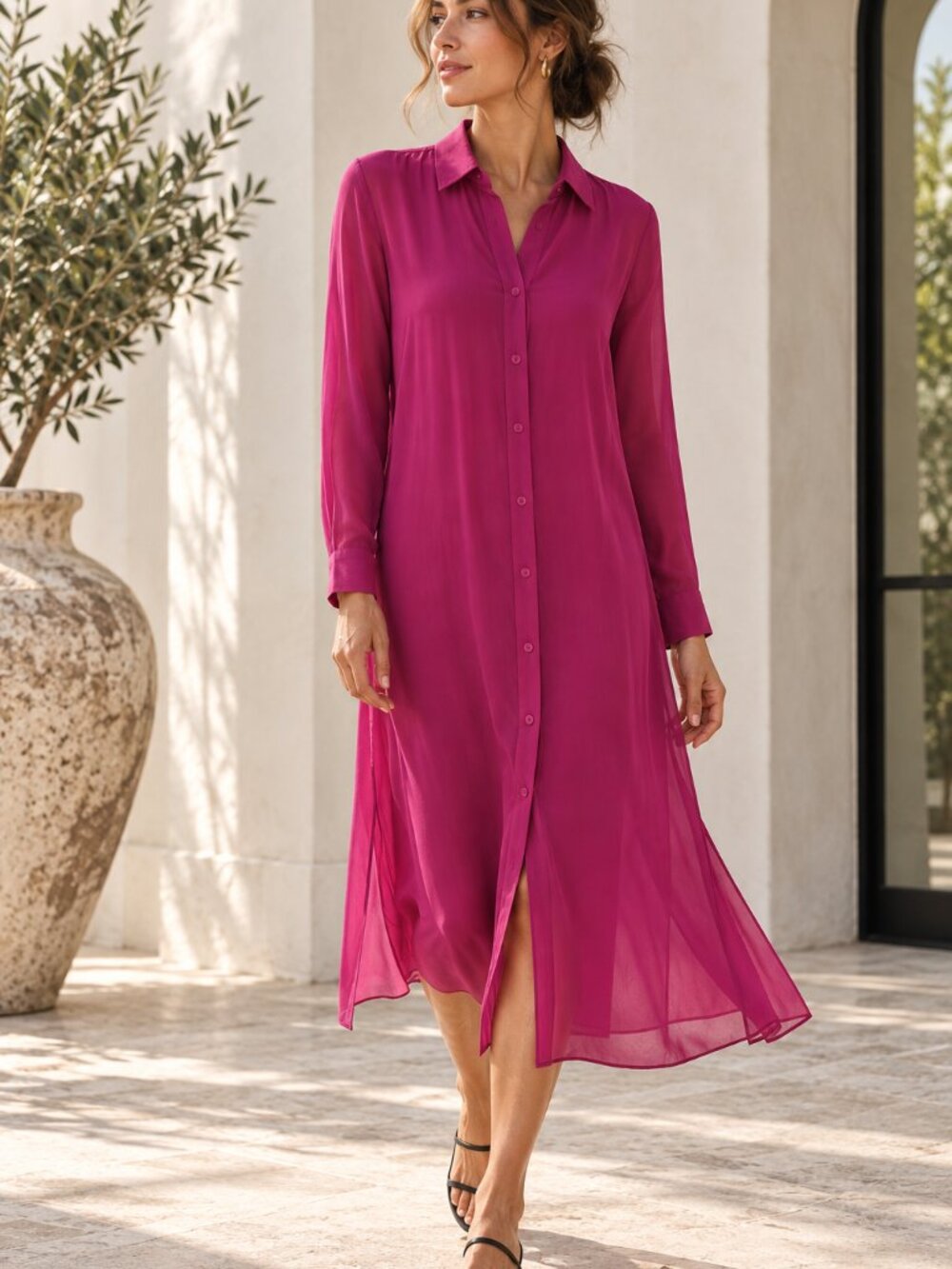 Eileen Fisher Silk Shirt Dress Womens XXS Magenta Sheer Button Front Midi Luxe